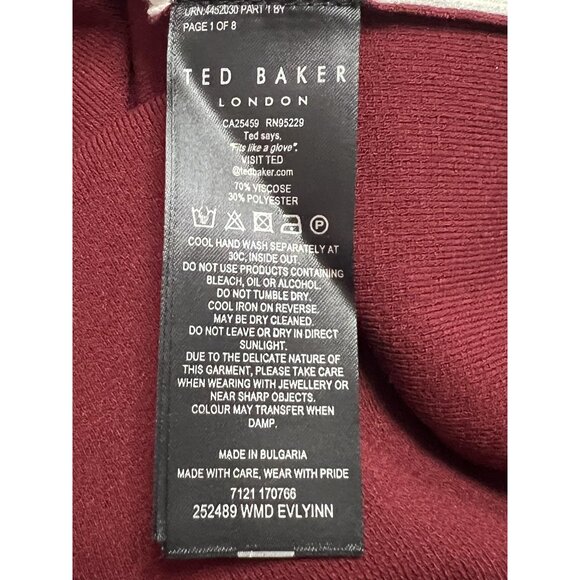 Ted Baker Dress Womens Small Oxblood Red Cream Short Sleeve Knit Bodycon Evelynn - Picture 10 of 12